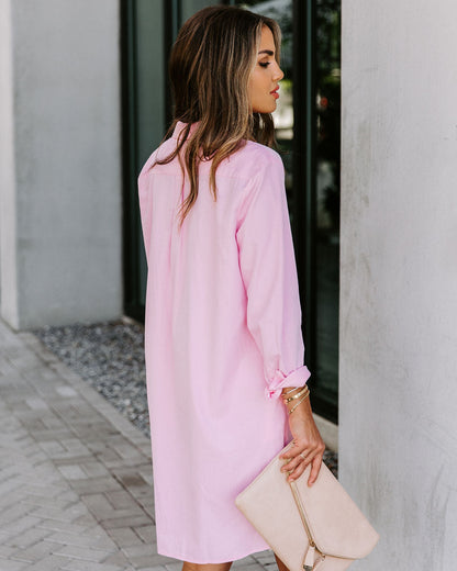 Risky Business Pocketed Button Down Shirt Dress Pink