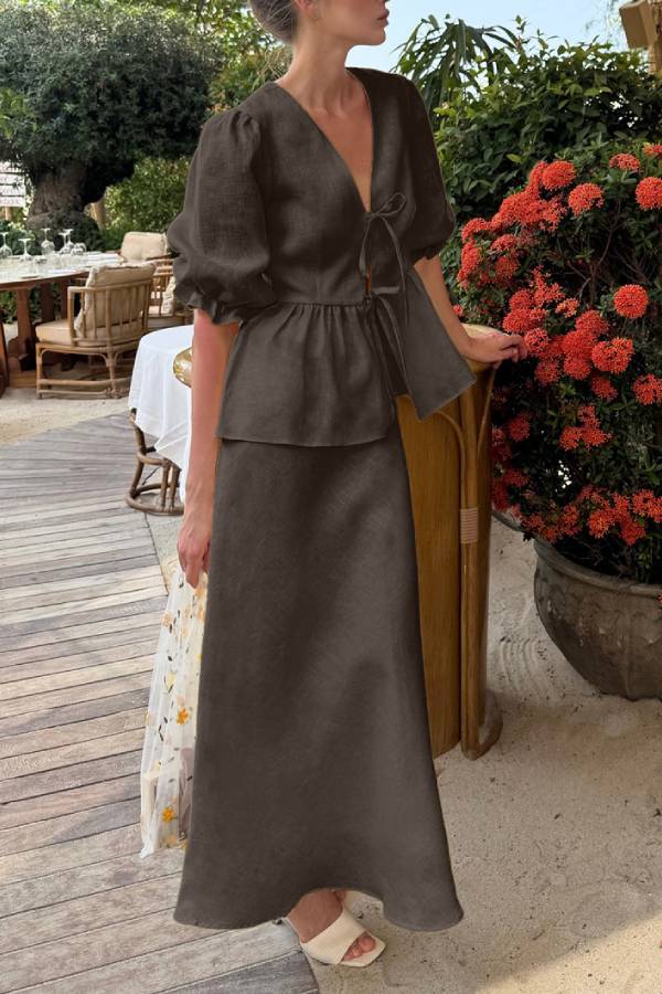 Puff Sleeve Tie-Waist Peplum Top & Mermaid Skirt Set
