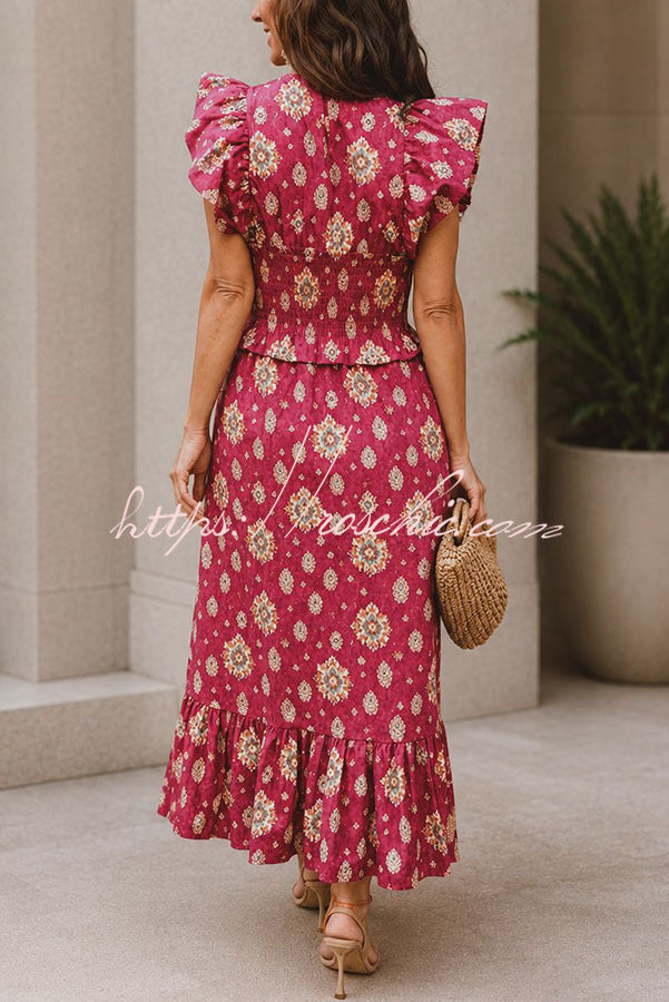 Emilia Unique Print Flutter Sleeve Smocked Top and Elastic Waist Maxi Skirt Set