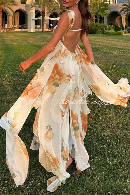 Mariah Floral Print Starfish Brooch Inverted Halter Neck Slit Ruffles Maxi Dress