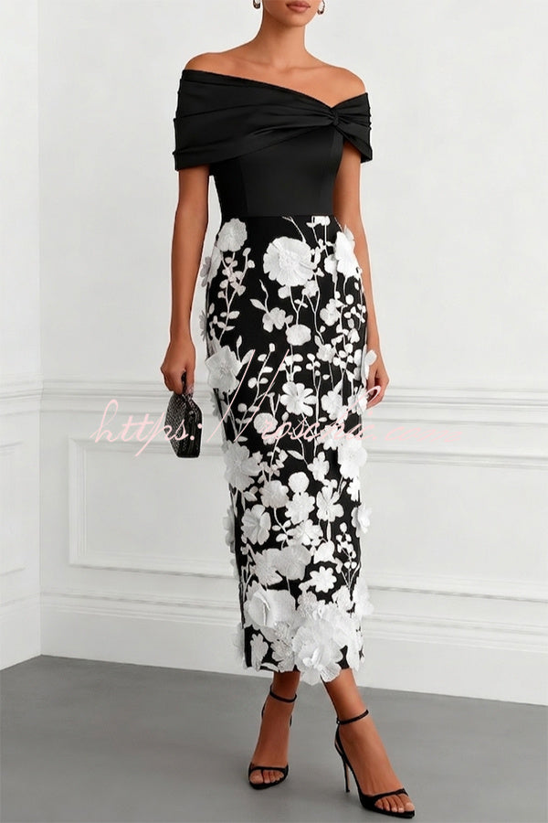 Classic 3D Floral Embroidery Off The Shoulder Short Sleeve Sheath Midi Dress