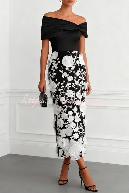 Classic 3D Floral Embroidery Off The Shoulder Short Sleeve Sheath Midi Dress