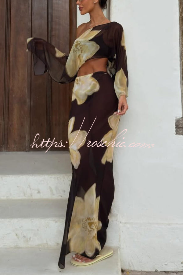 Floral Print Off-shoulder Long-sleeved Loose Top and Elegant Drawstring Maxi Skirt Set