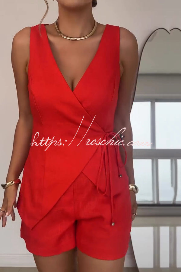 Solid Color Casual Sleeveless V-neck Top and Loose Shorts Set