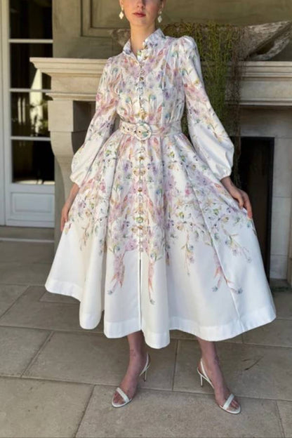 Moira Long Puff Sleeve Multicolor Floral Midi Dress