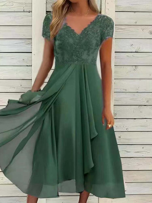 Jeweled Green Flowers Front Slit Midi Dress