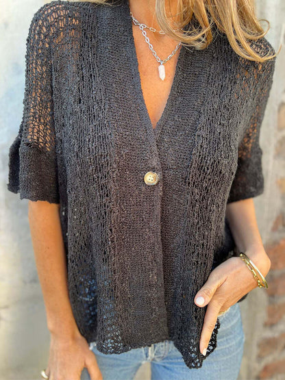 One Button Hollow Knit Tops