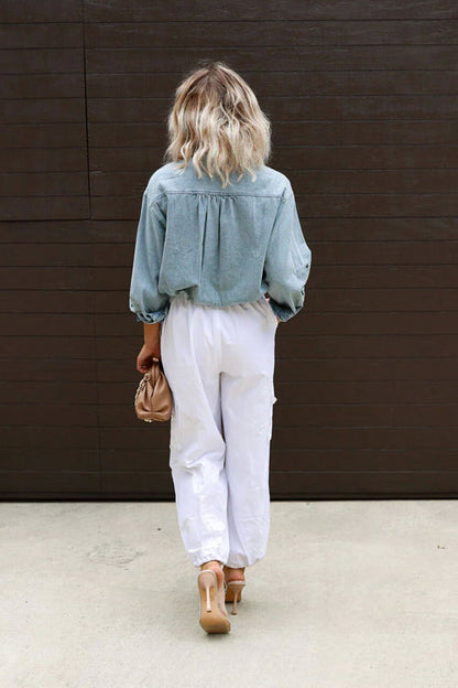 Consistently Confident Denim Cropped Long Sleeve Top