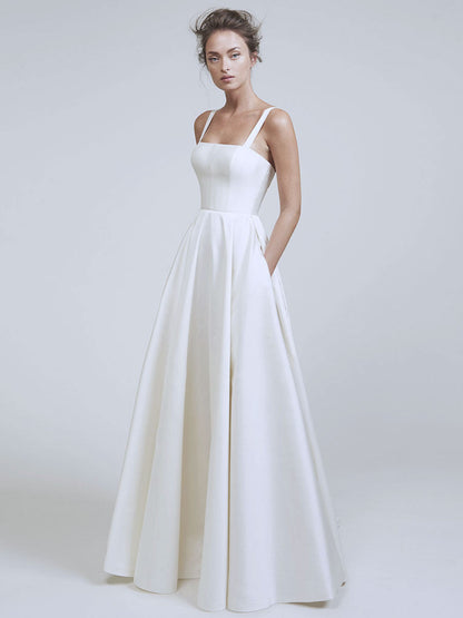 Elise Boutique Satin Wedding Dress with Square Neckline and Sleeveless Design Elevated Occasion Wear
