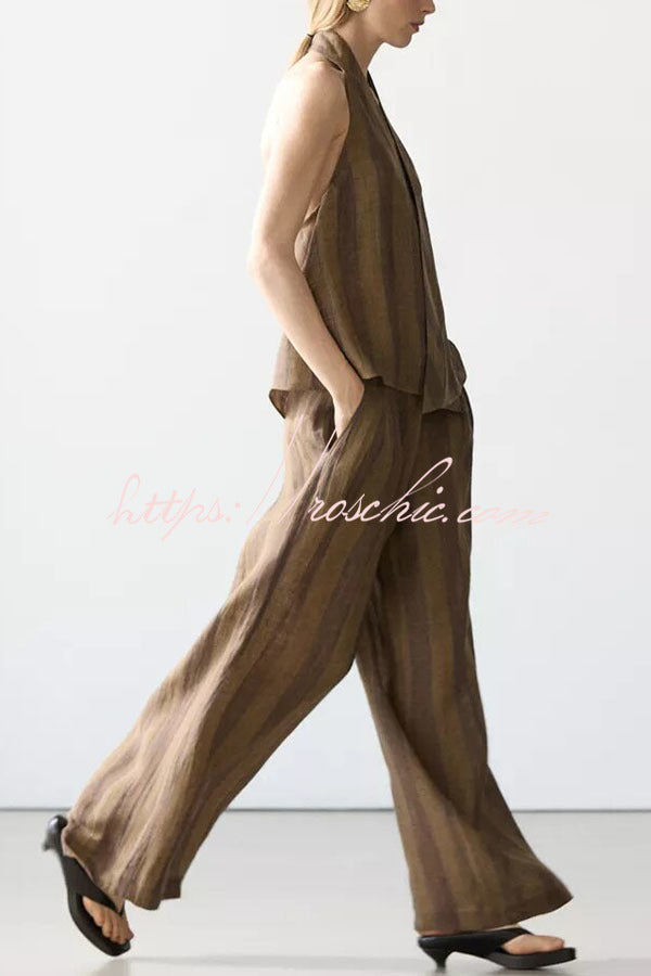 Aloof Style Striped Linen Blend Halter Vest and High Rise Button Pocket Wide Leg Pants Set