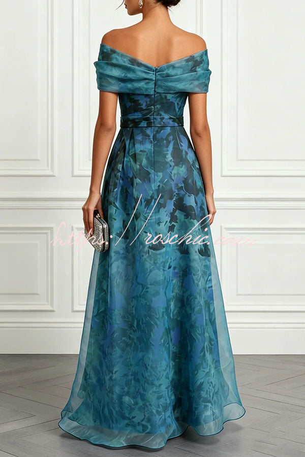 Rosalyn Mesh Floral Print Ruched Off Shoulder Gown Maxi Dress