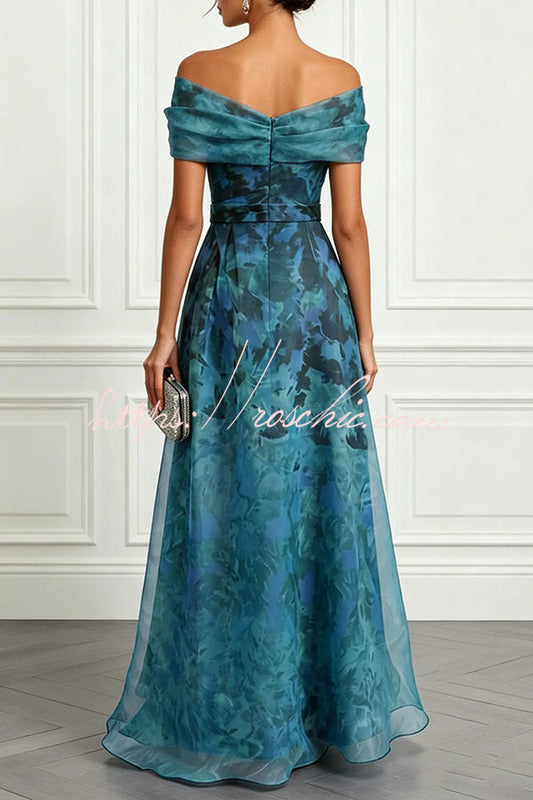 Rosalyn Mesh Floral Print Ruched Off Shoulder Gown Maxi Dress