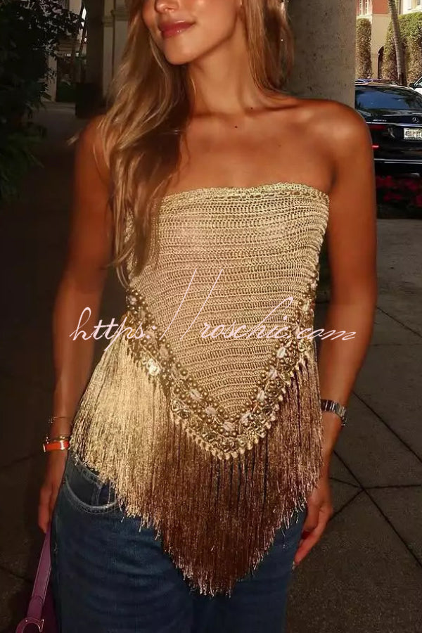 Fashionable Sleeveless Off-shoulder Tassel Hem Strapless Top