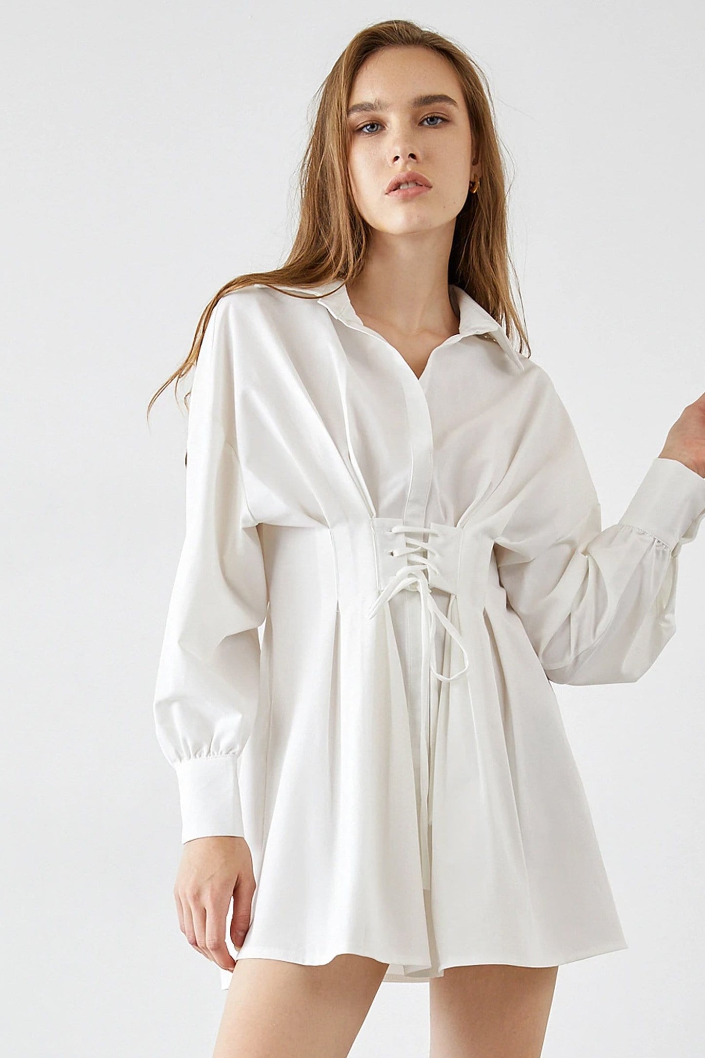 Adalie White Cinched Waist Shirt Dress