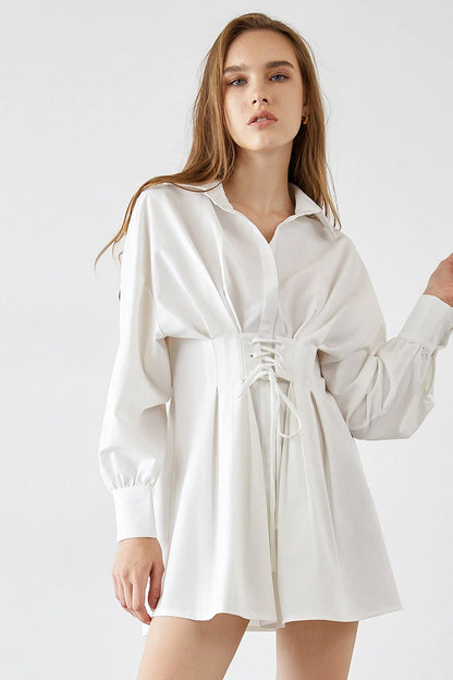 Adalie White Cinched Waist Shirt Dress