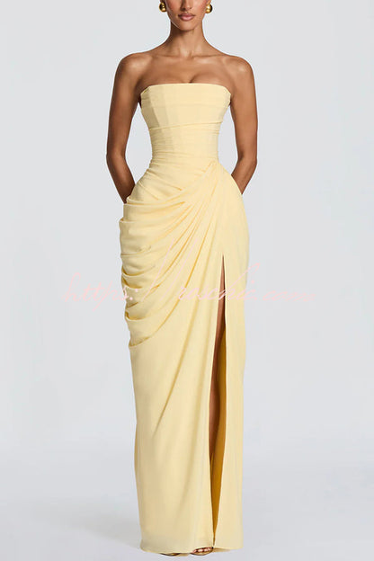 Cyra Back Lace-up Asymmetrical Pleats Strapless Slit Maxi Dress(Buy 2 Get Free Shipping)
