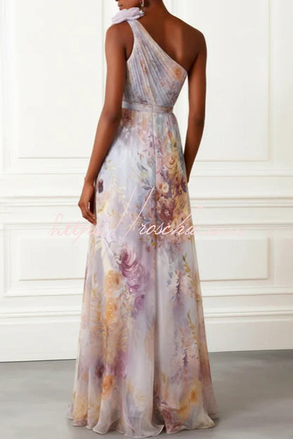 Verne Chiffon 3D Floral One Shoulder Pleated Sleeveless A-Line Gown Maxi Dress