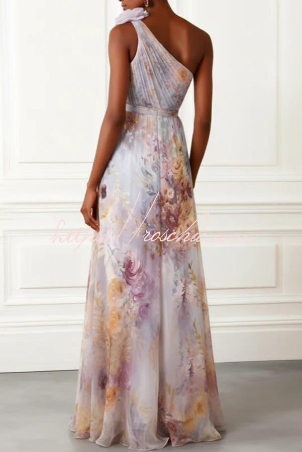 Verne Chiffon 3D Floral One Shoulder Pleated Sleeveless A-Line Gown Maxi Dress