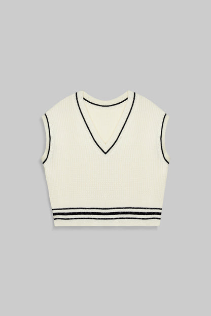 Beige Contrast Trim Cropped Sweater Vest
