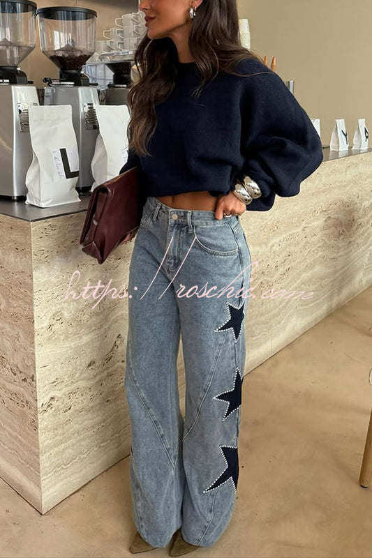 Jessy Denim Mid Rise Side Star Pattern Pocket Wide Leg Jeans (Shipped Within 24 Hours)