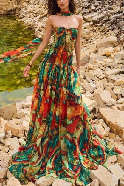 Vacay Vibes Colorful Lava Print Off Shoulder Smocked Scarf Maxi Dress