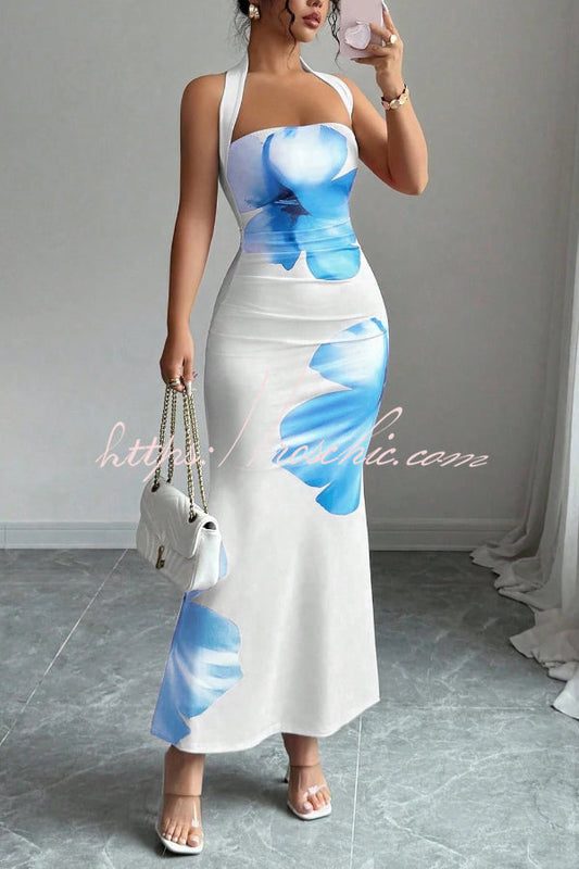 Floral Print Halter Neck Backless Slim-fit Maxi Dress