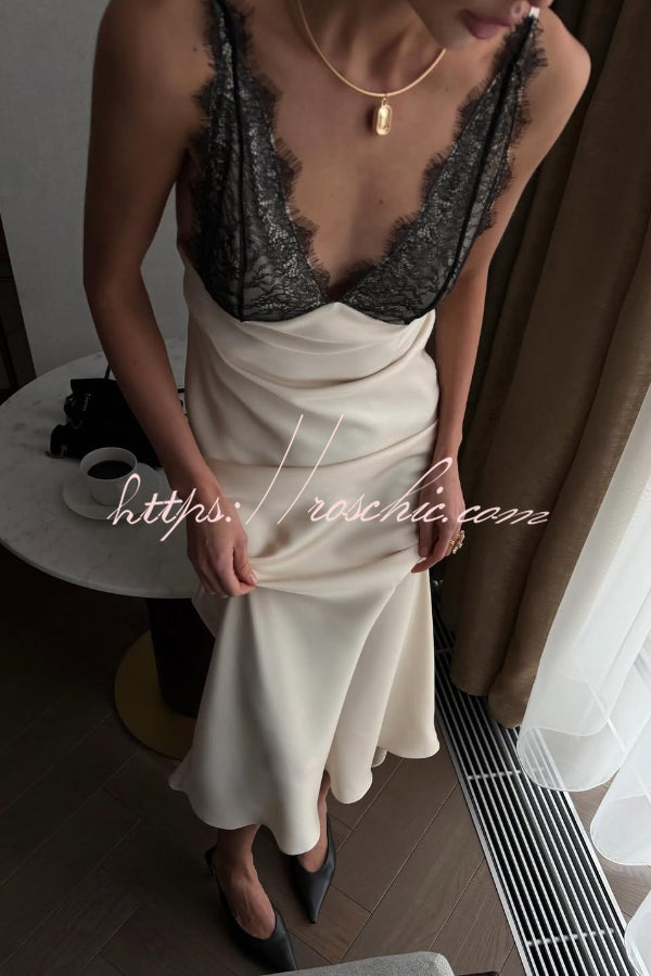 Fashionable Satin Lace Patchwork Spaghetti Strap Backless Elegant Slim-fit Maxi Dress