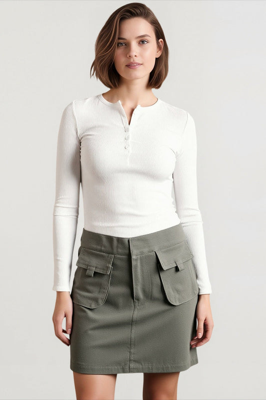 Spring Autumn Knitted Long Sleeve Solid Color Buttons Up Ribbed V-neck Streetwear T-shirts