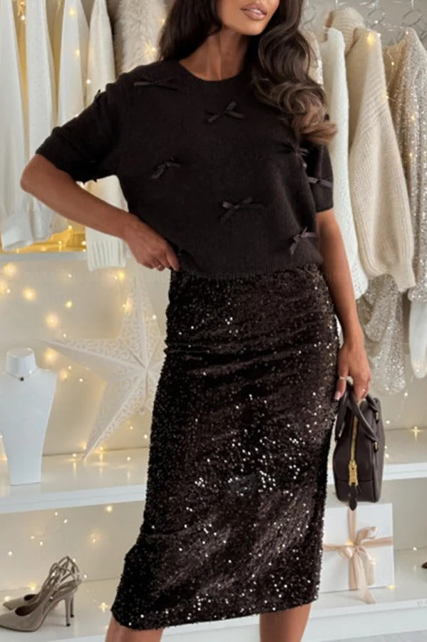 Light The Night Knit Satin Bow Detail Short Puff Sleeve Sweater