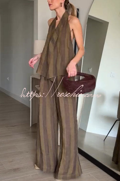 Aloof Style Striped Linen Blend Halter Vest and High Rise Button Pocket Wide Leg Pants Set