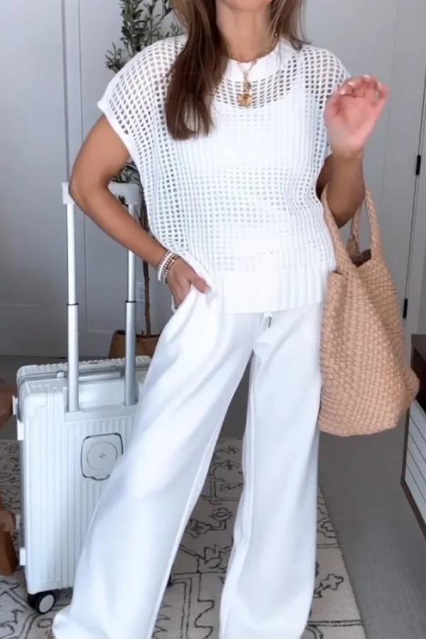 Women Round Neck Hollowed Out Top+ Pants Casual Suit
