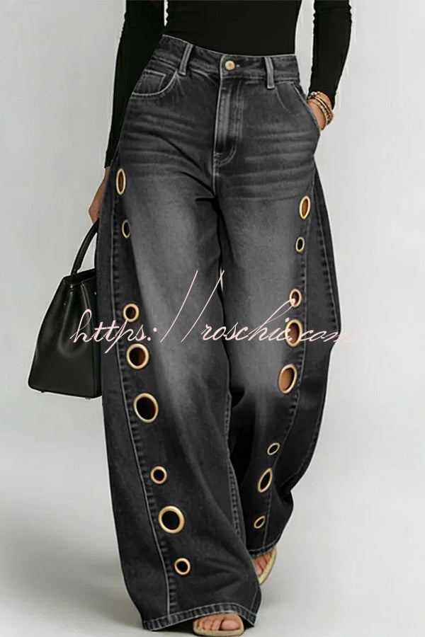 High-Street Edgy Eyelet Cut-Out Baggy Jeans