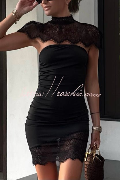 Fashionable Lace Shawl Strapless Slim-fit Lace Hem Mini Dress