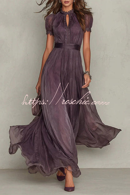 Elegant Lace Trim Keyhole Puff Sleeve Flowing Chiffon Maxi Dress