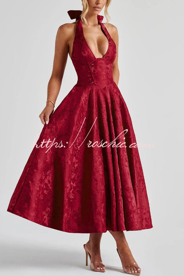 Stylish Jacquard Halter Neck Fitted Waist Open Back Elegant Midi Dress