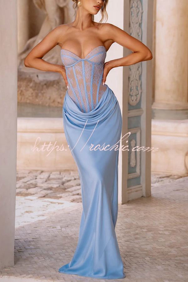 Kathleen Floral Lace Contrast Structural Detail Back Lace-up Satin Hem Strapless Maxi Dress