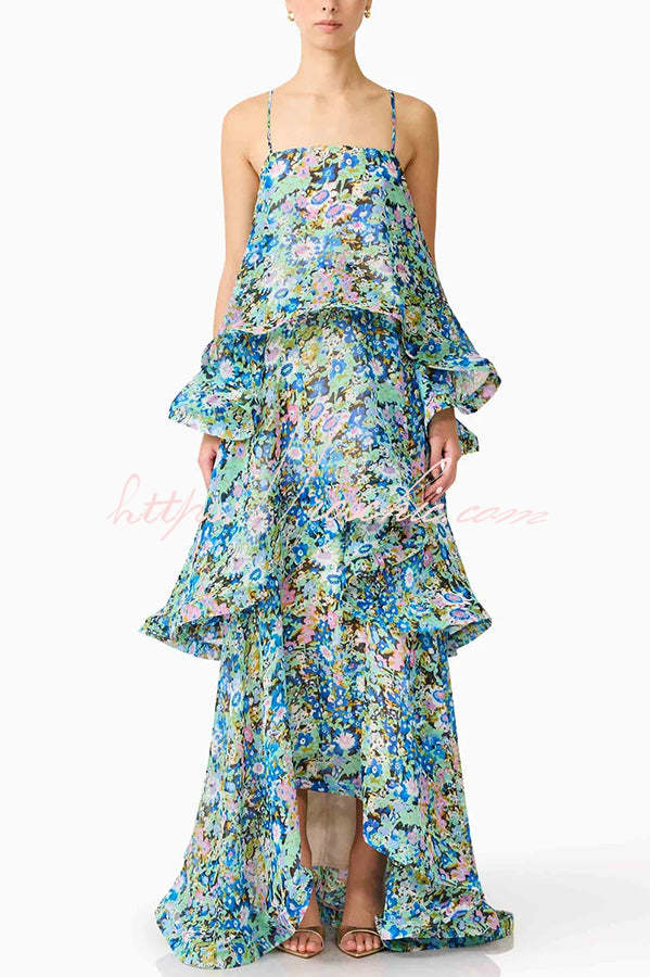 Armani Georgette Fabric Floral Print Tiered Slip Square Neck A-line Maxi Dress