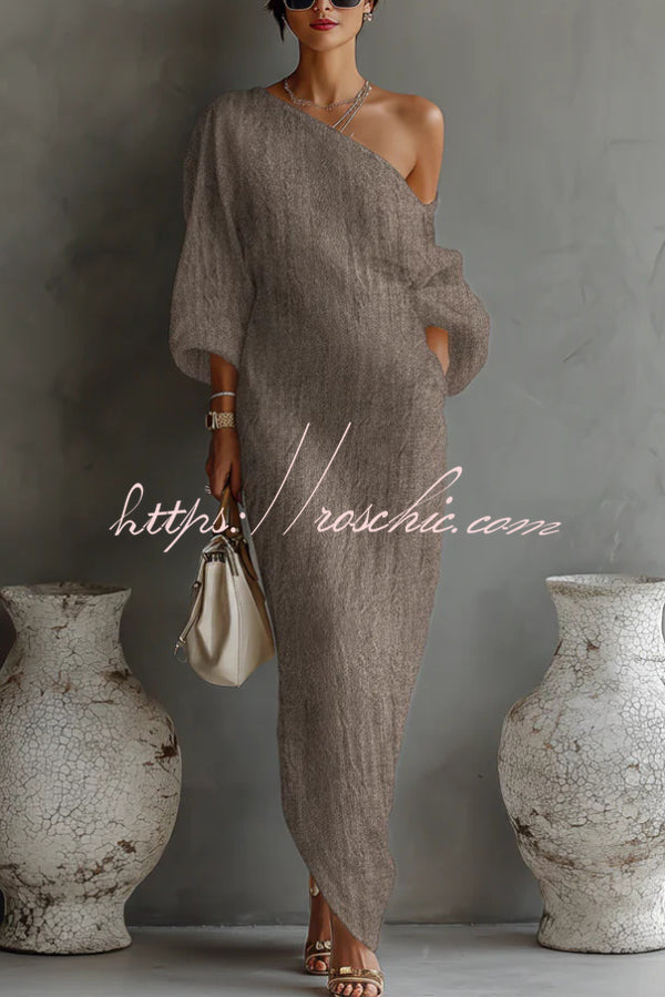 Linen Blend Loose-fitting One-shoulder Lantern Sleeve Casual Pocket Maxi Dress