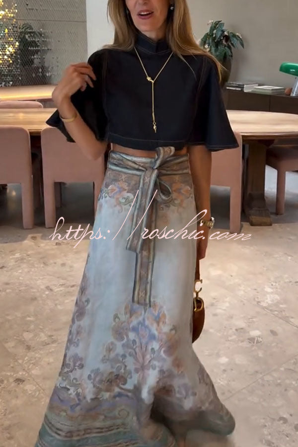 Next Vacation Denim Mock Neck Short Flutter Sleeves Crop Top