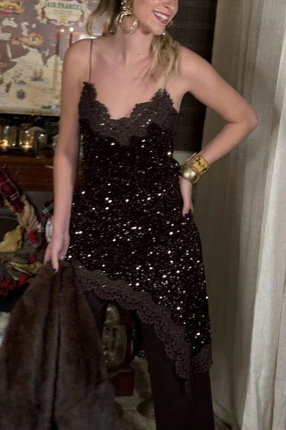 Soraia Velvet Sequin Lace Trim Irregular Hem Slip Mini Dress