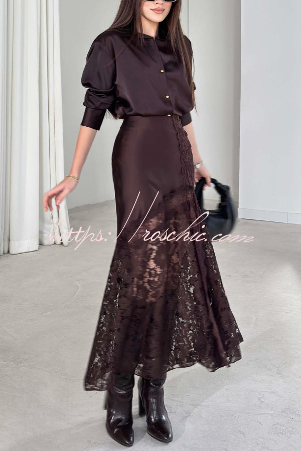 Solid Color Silk Satin and Lace Spliced elegant Maxi Skirt