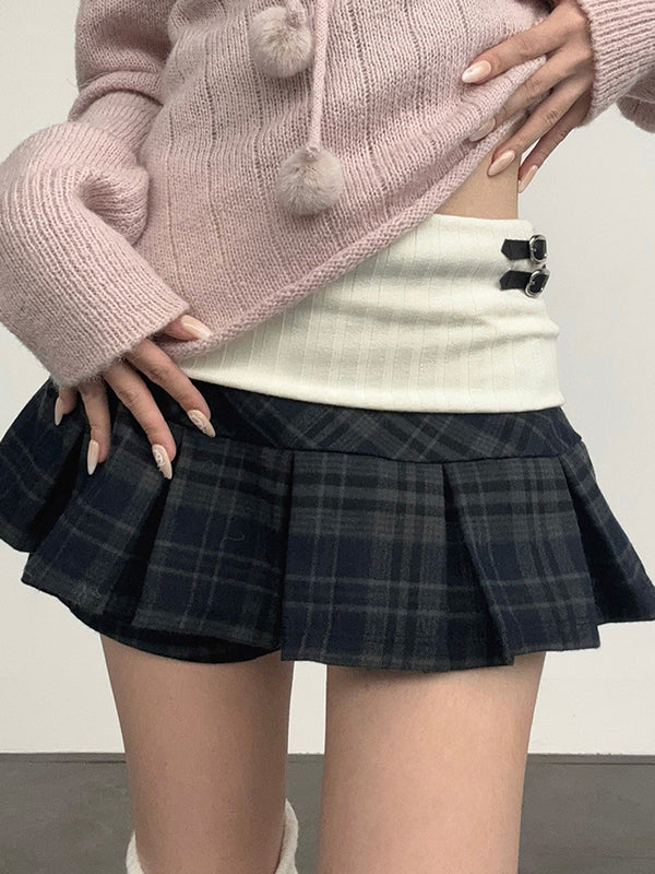 College-Style Spliced Pleated Mini Skirt