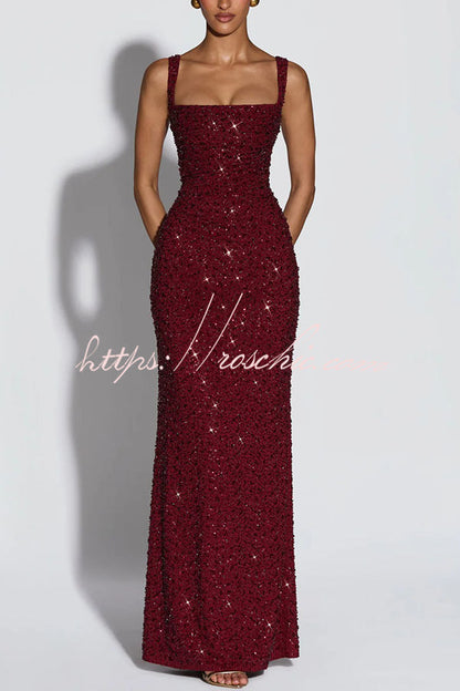 Calanthe Sequin Embellished Chiffon Ruched Square Neck Back Lace-up Maxi Dress
