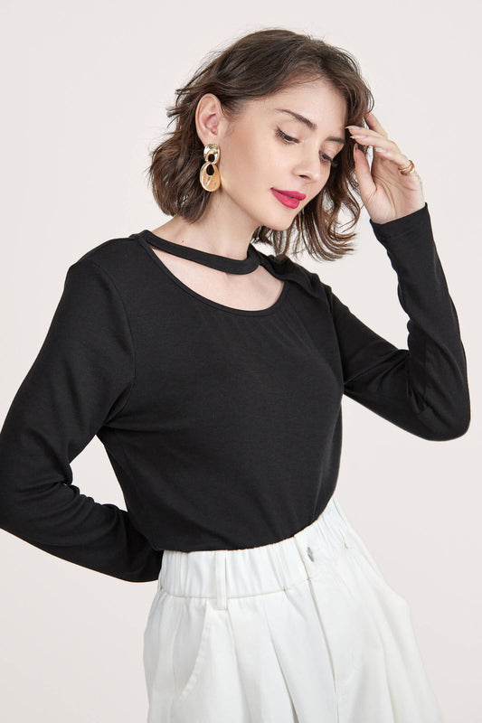 Black Long Sleeve Asymmetric Cut Out Top