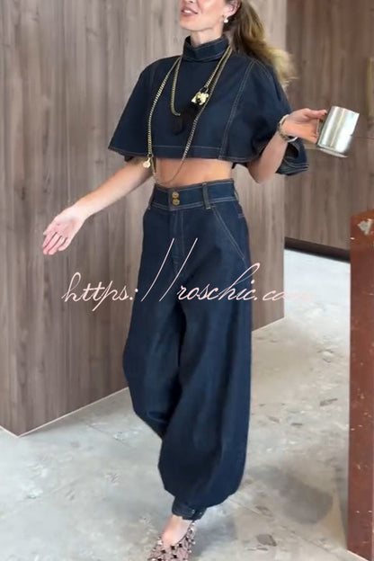 Luna Denim High Rise Pocket Adjustable Buckle Ankle Strap Harem Pants