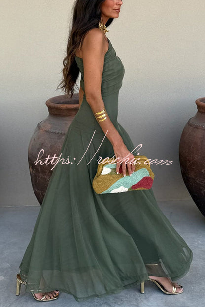 In My Arms Mesh Ruched Strapless Paneled Drape Flare Maxi Dress