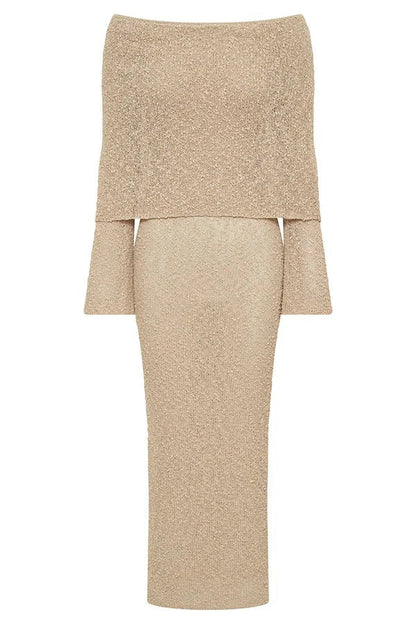 Marisol Ribbed Boucle Material Draped Off Shoulder Stretch Vacation Maxi Dress