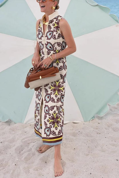 Unique Print Sleeveless Button Resort Midi Dress