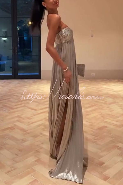 Night Elf Metallic Fabric Pleated Off Shoulder Twist Bust Slit Maxi Dress