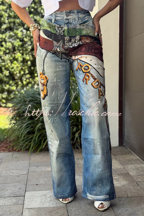 Street Graffiti Denim Unique and Fun Prints High Rise Pocket Straight Leg Jeans